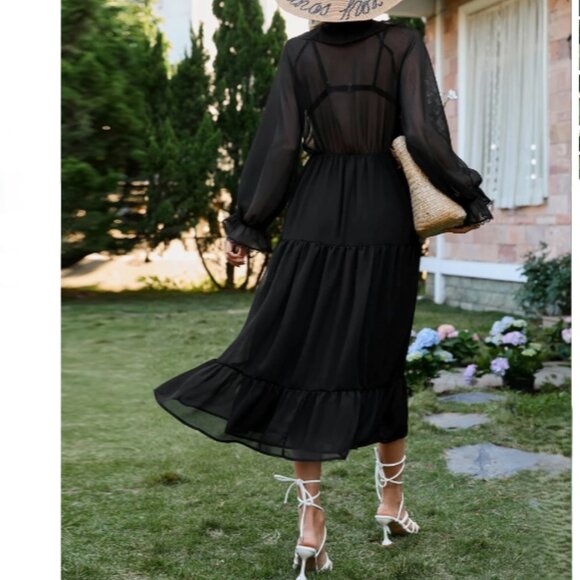 Zara | Chiffon Tiered, Ruffle collar V-neck Maxi Dress Black | SZ Small Women's - Picture 14 of 15